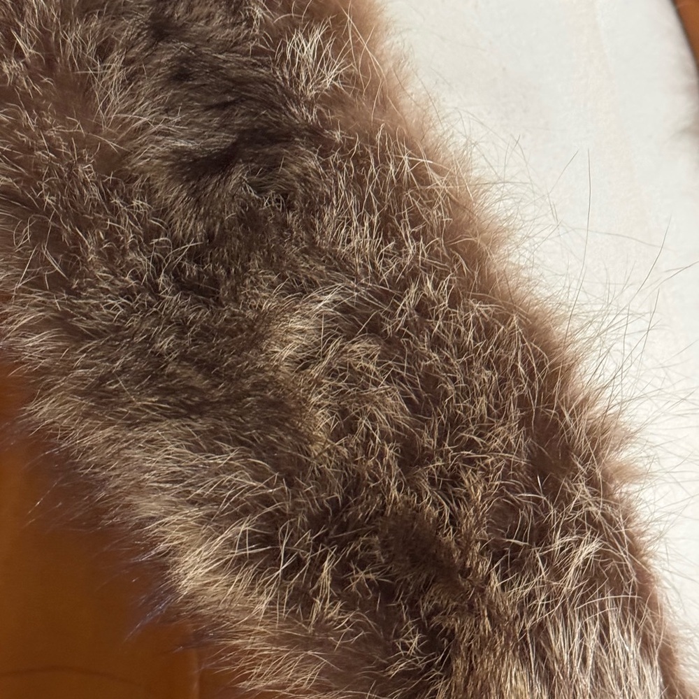 VINTAGE Mango Road Inc Leather Fur Jacket Trench Coat Long Penny Lane XS S Brown - Picture 13 of 14